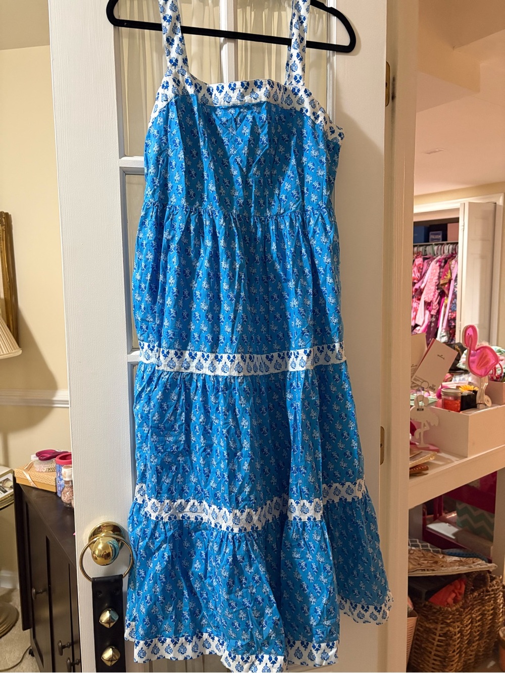 J Crew Factory Mediterranean-Inspired Blue Tiered Sundress with White Trim